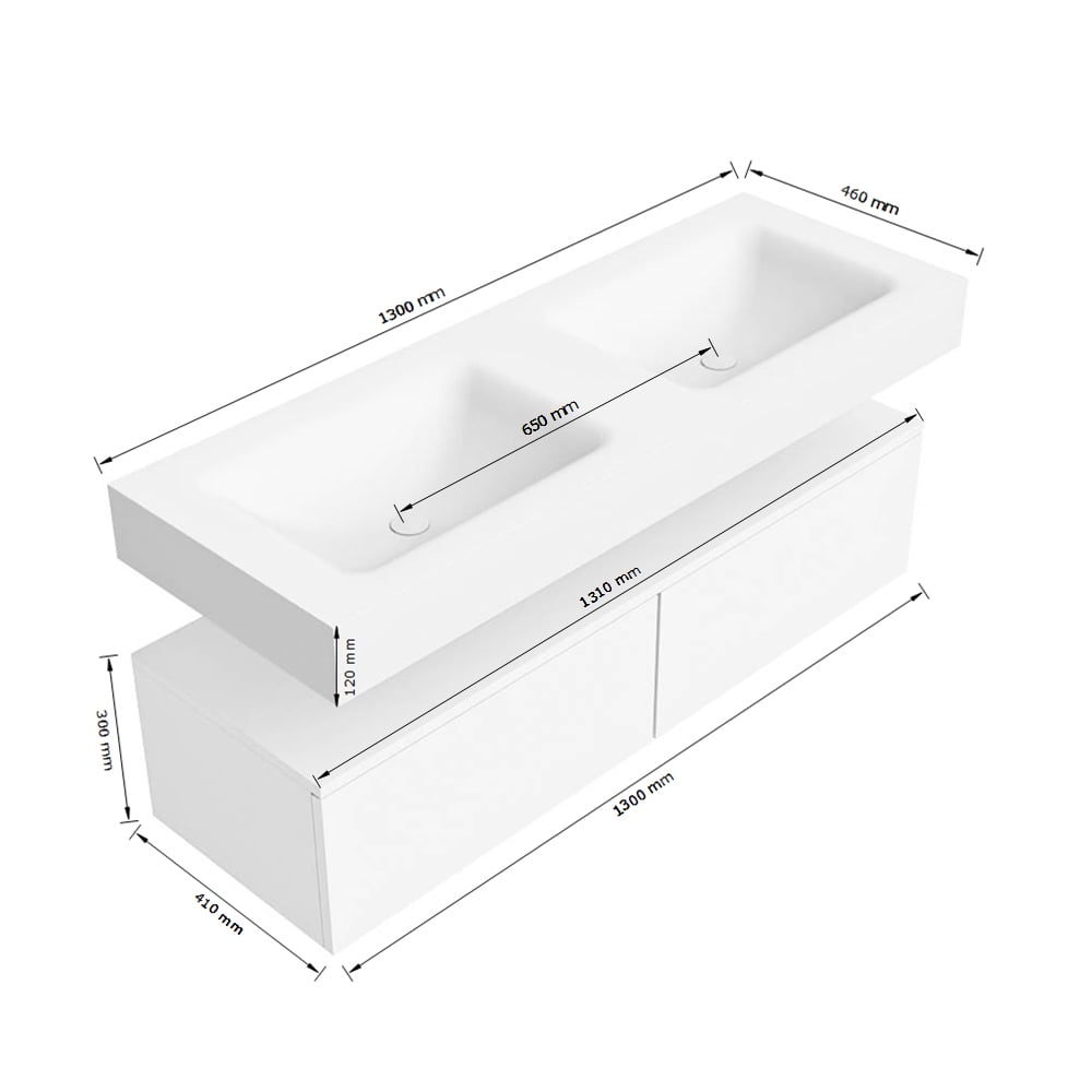 Zaro Alan badmeubel 130cm urban 2 lades met vrijhangende wastafel cloud dubbel 2 kraangaten urban