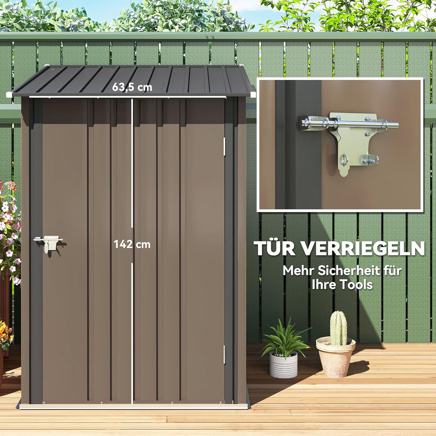 Outsunny Metall Gerätehaus 0,92 m² 100x103x160cm Geräteschuppen mit Pultdach Abschließbarer Tür Gartenhaus Outdoor Garten Schuppen Schrank für Hinterhof Außenbereich Braun