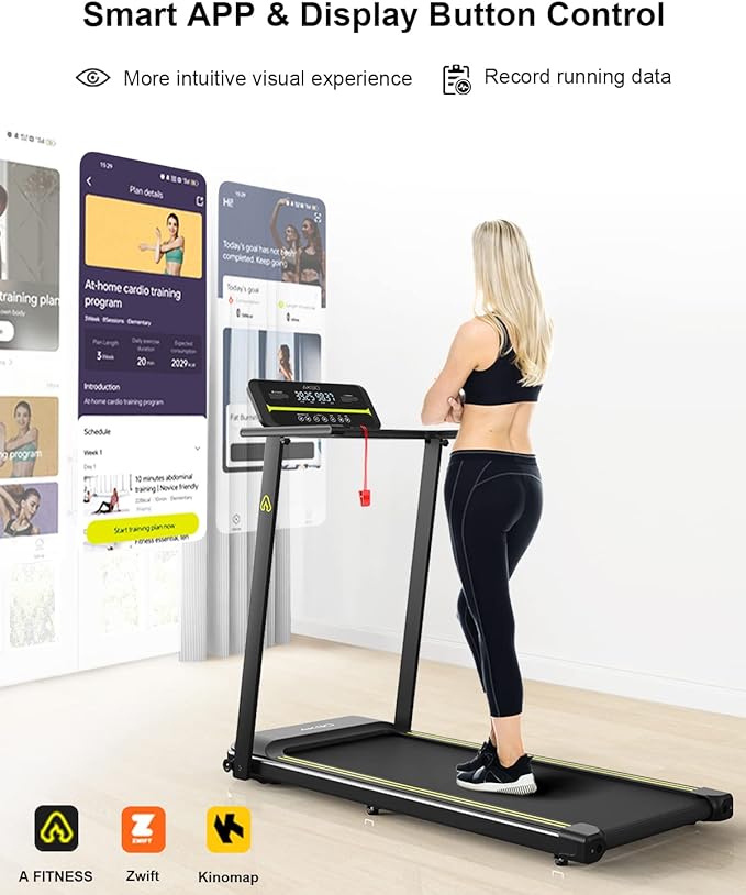 Estação de trabalho com esteira dobrável, esteira dobrável AKSO com capacidade para 136 kg (300 lb), mini esteiras portáteis para escritório em casa com aplicativo inteligente, visor LCD ajustável, esteira compacta e fácil de dobrar