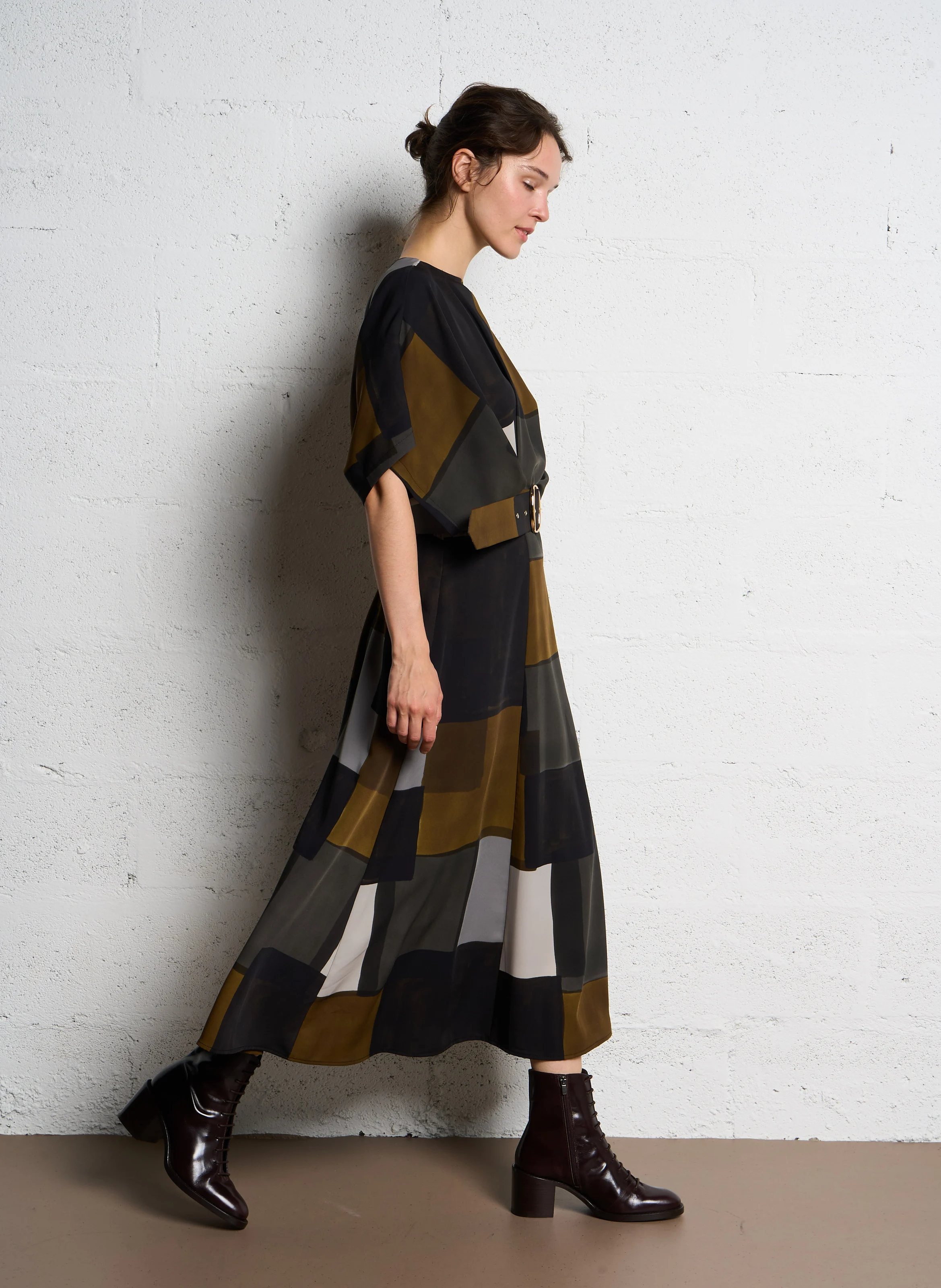 Robe longue col rond imprimée | Gris