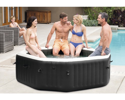 Intex Pure Spa 79 Octagon Bubble Jet 128458 opblaasbare jacuzzi voor maximaal 4 personen met geïntegreerde kalkbescherming en zoutwatersysteem, 4 krachtige jetjets, thermisch grondzeil, thermische afdekking, 2 opblaasbare hoofdsteunen, zwart