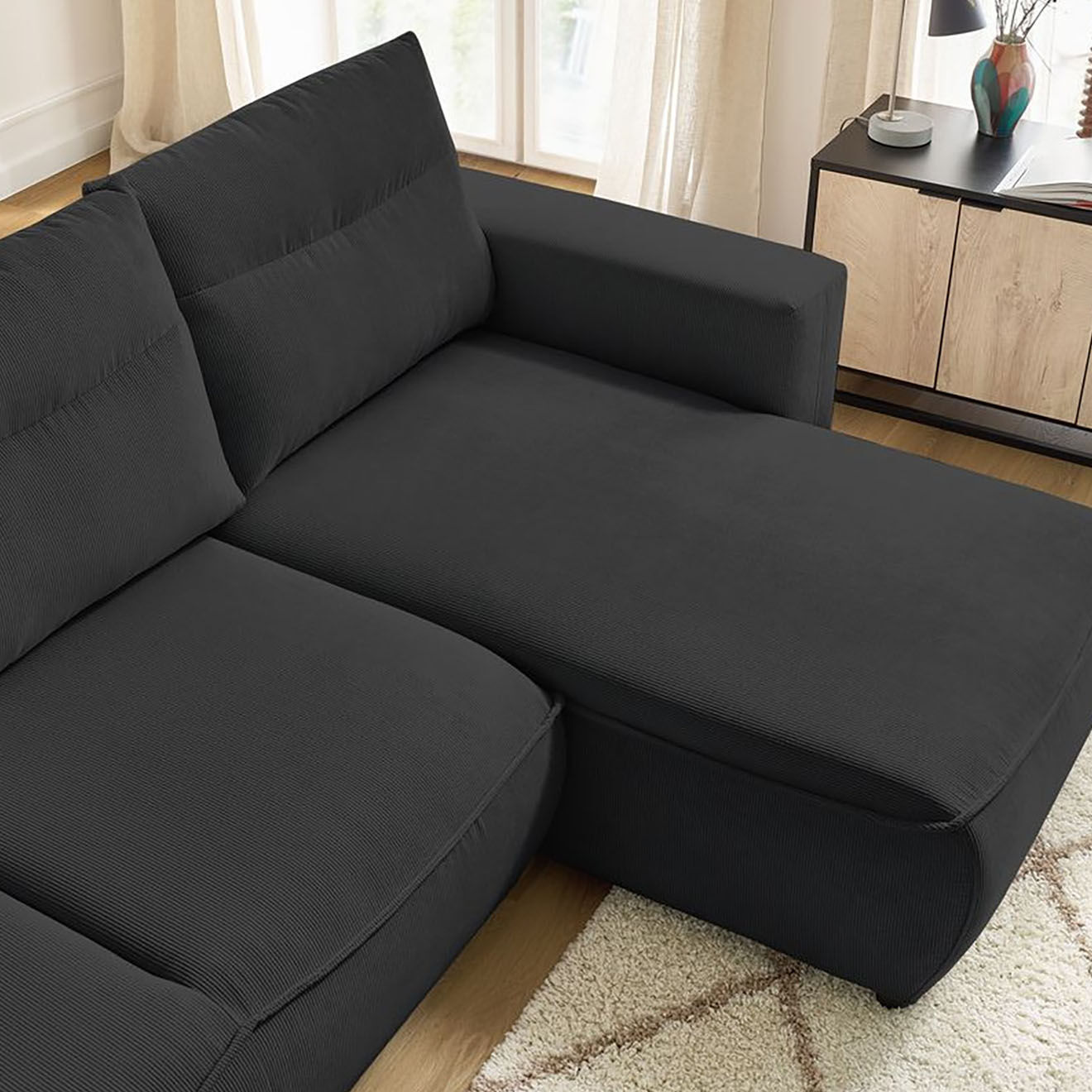 Bobochic Canapé d'angle droit convertible coffre jasmin velours côtelé gris foncé - 256x158x90 cm
