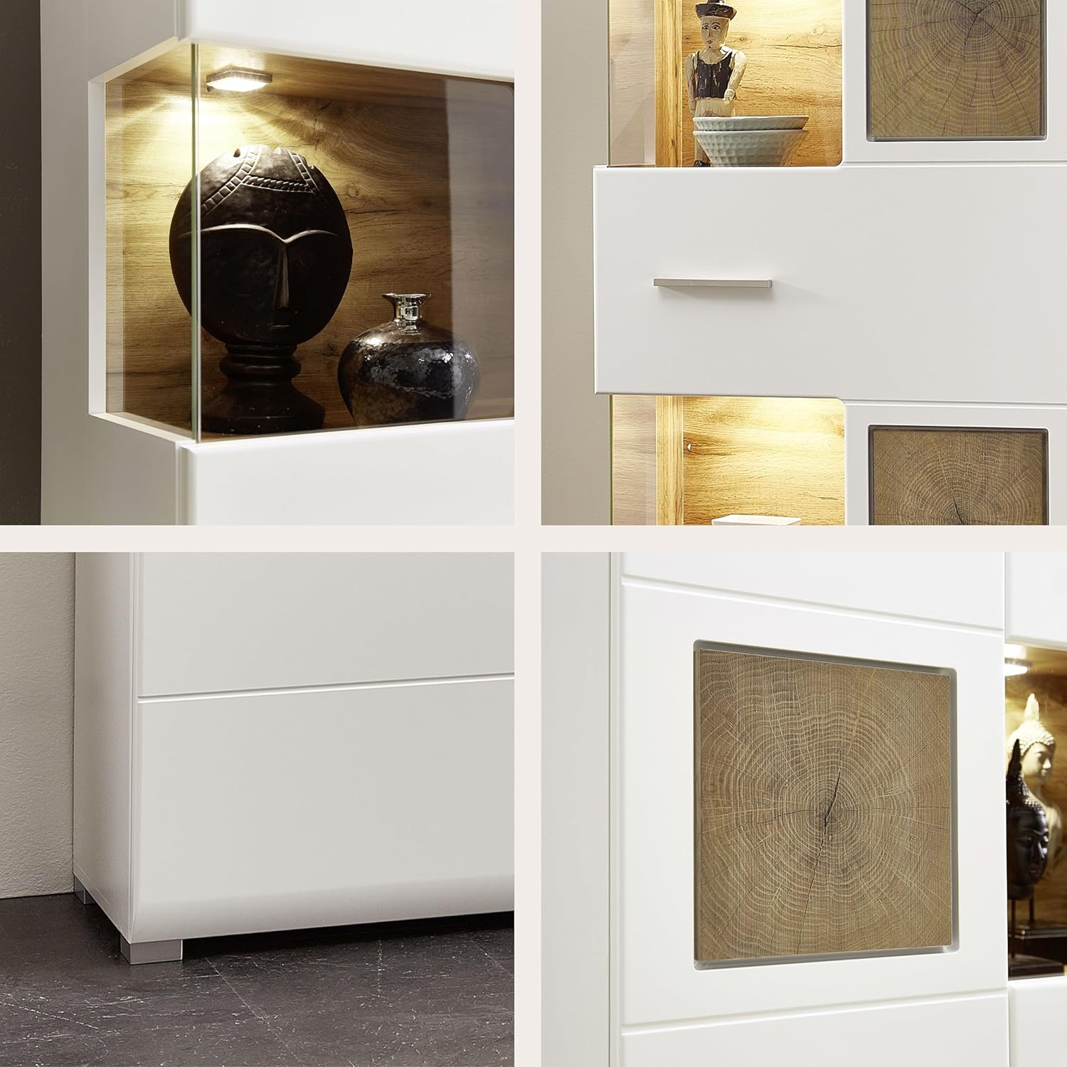 Stella Trading Fun Plus Große Vitrine weiss mit schönen Hirnholz-Applikationen - Moderne Glasvitrine inkl. LED Beleuchtung - 65 x 205 x 37 cm (B/H/T)