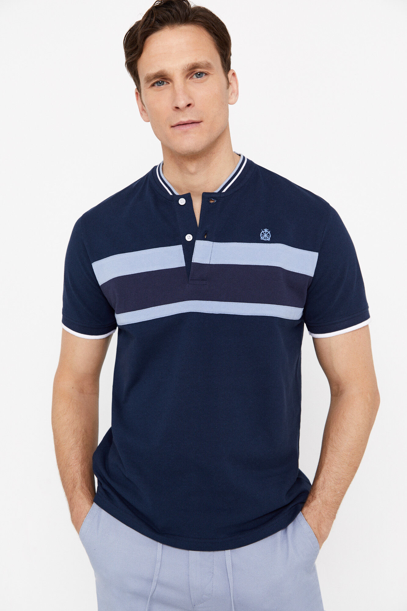 Camisa polo com gola bomber - Azul marinho