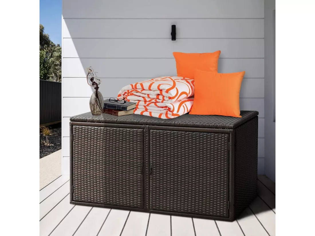 Coffre de Rangement Jardin 335L en Rotin et fibre naturelle PE, Charge Max. 120 kg, Cadre en Acier avec 2 Etagères 115 x 60 x 65 CM（Marron）