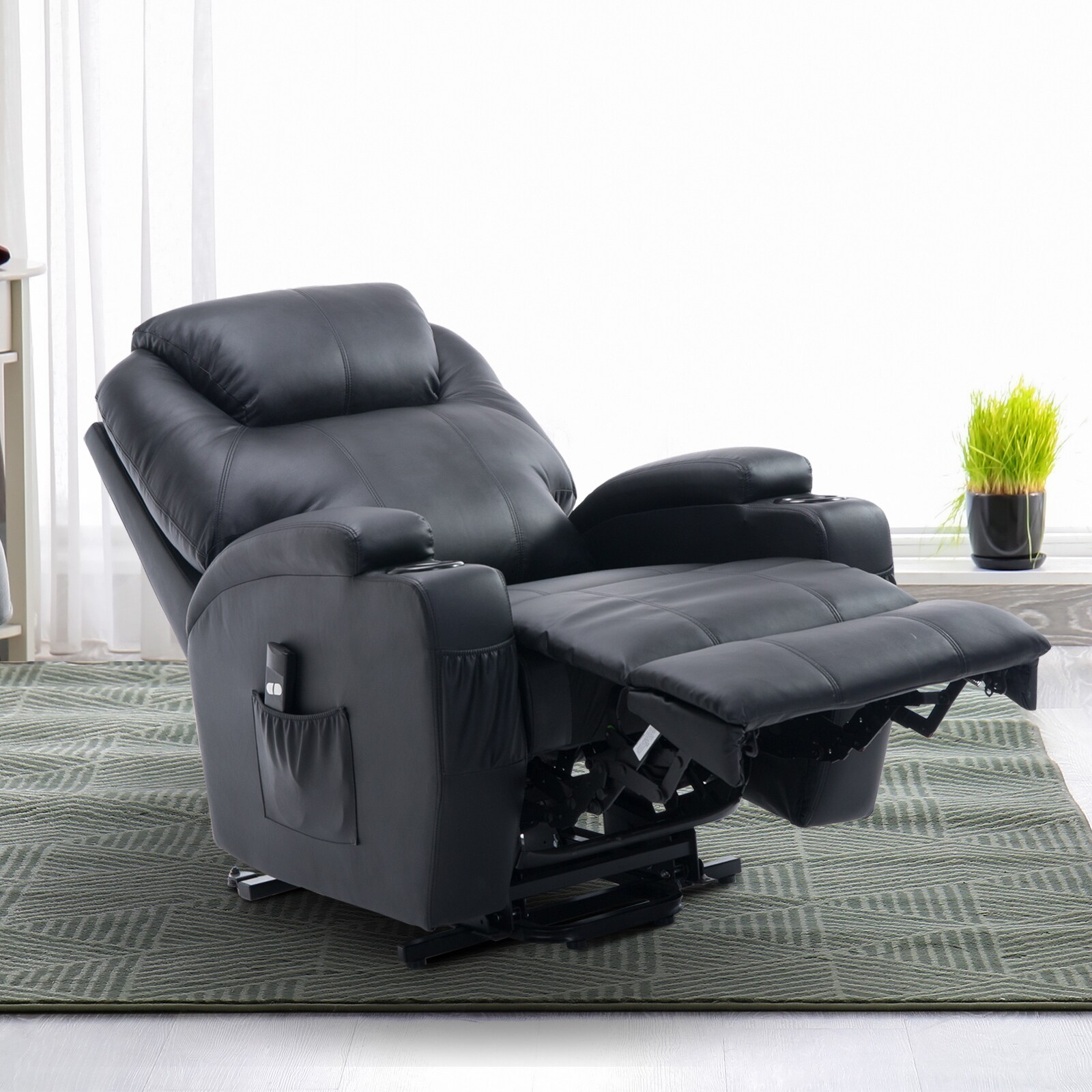 HOMCOM Fernsehsessel 2-in-1-Design, Becherhalter auf beiden Seiten, Sessellift Schwarz 84 x 92 x 109 cm (BxTxH)