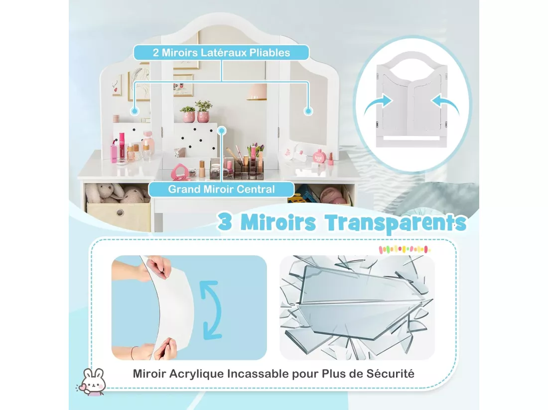 2 en 1 Coiffeuse et Chaise Enfants avec Miroir Amovible à Trois Volets, Table de Maquillage Princesse avec 4 Compartiments et Bacs de Stockage, Charge 100/50kg pour Enfants de 3 Ans+ (Blanc)
