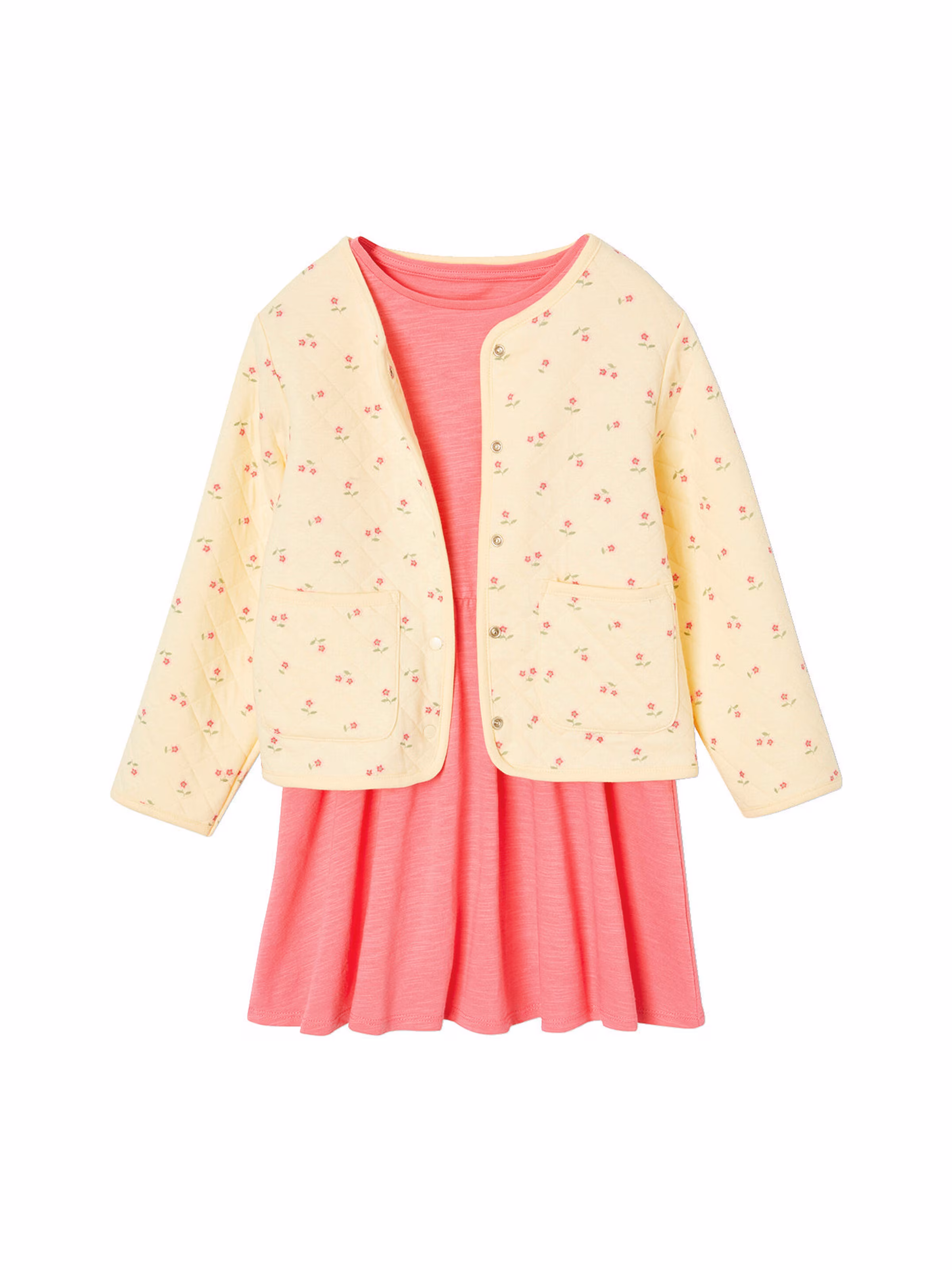 Vertbaudet Mädchen-Set: Geblümte Jacke mit Steppnähten & Kleid rosa