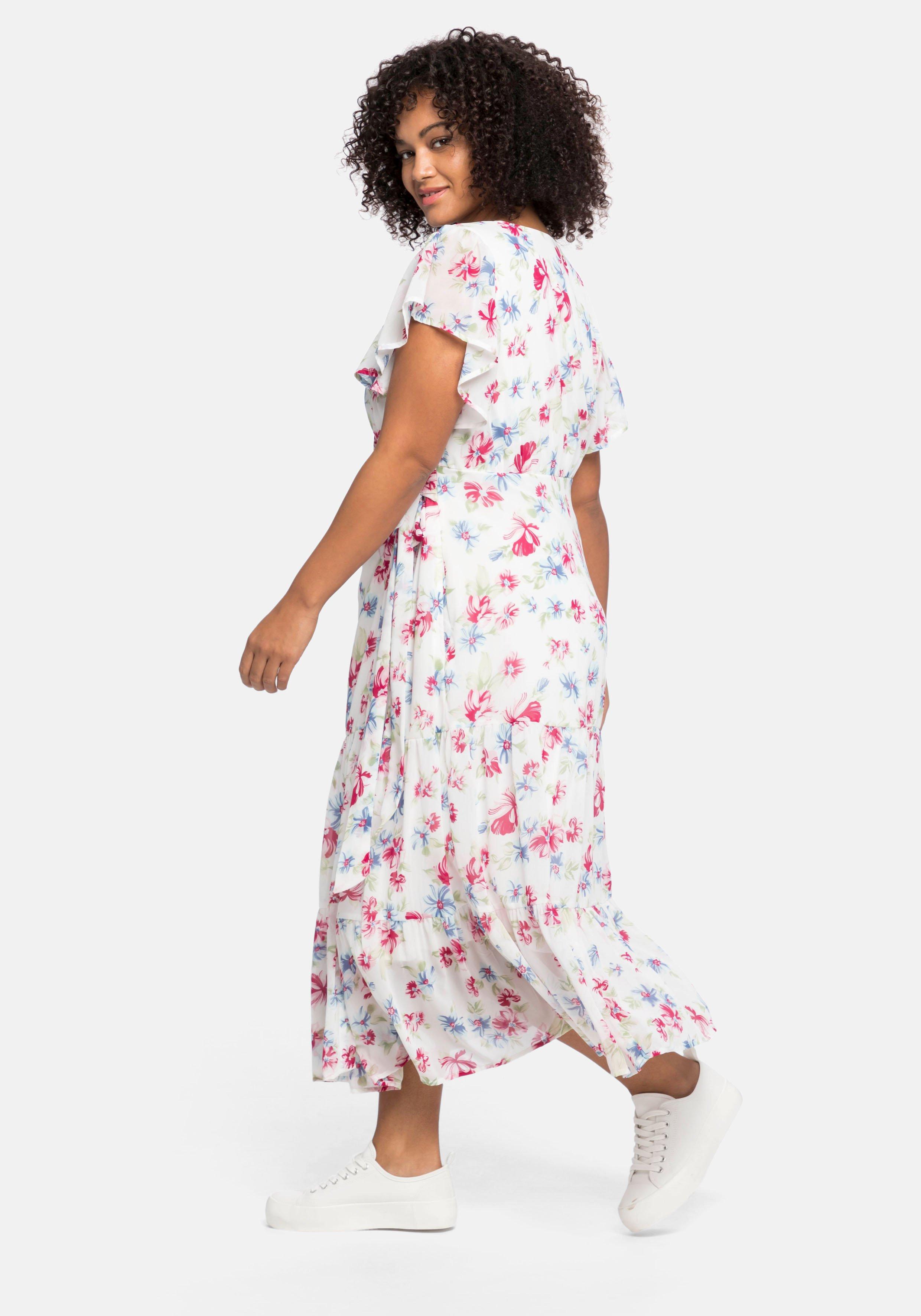 Chiffonkleid mit Blumendruck und Bindegürtel