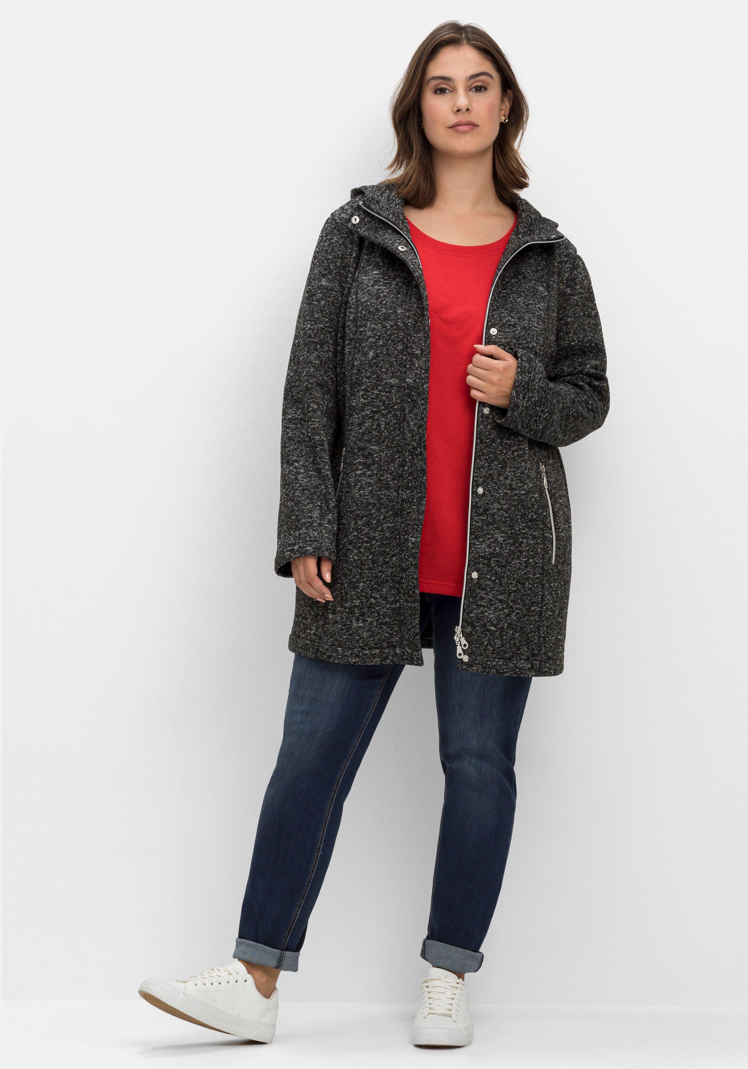 Lange melierte Strickfleecejacke mit Kapuze