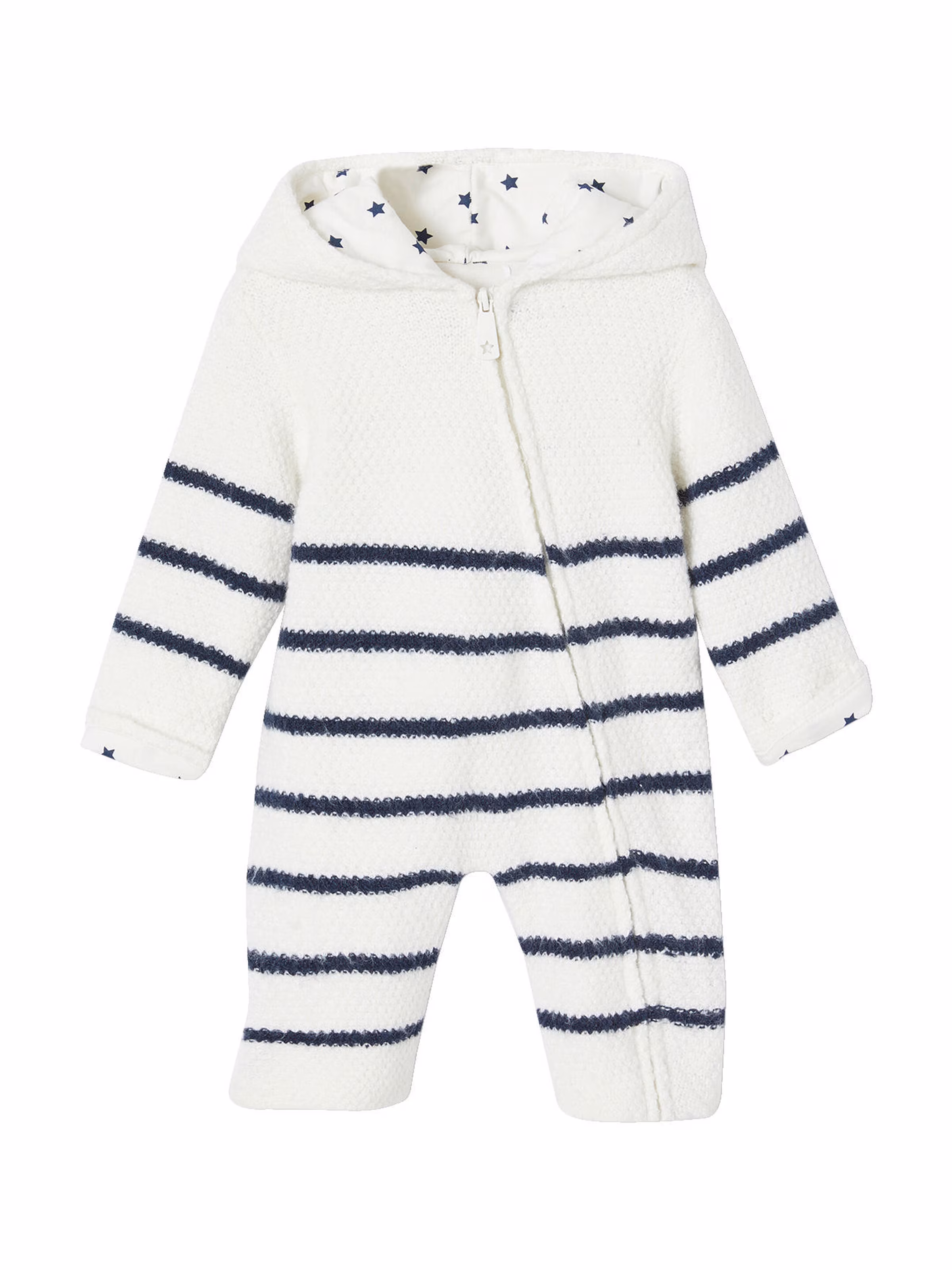 Vertbaudet Gefütterter Strickoverall für Neugeborene wollweiß streifen+sterne