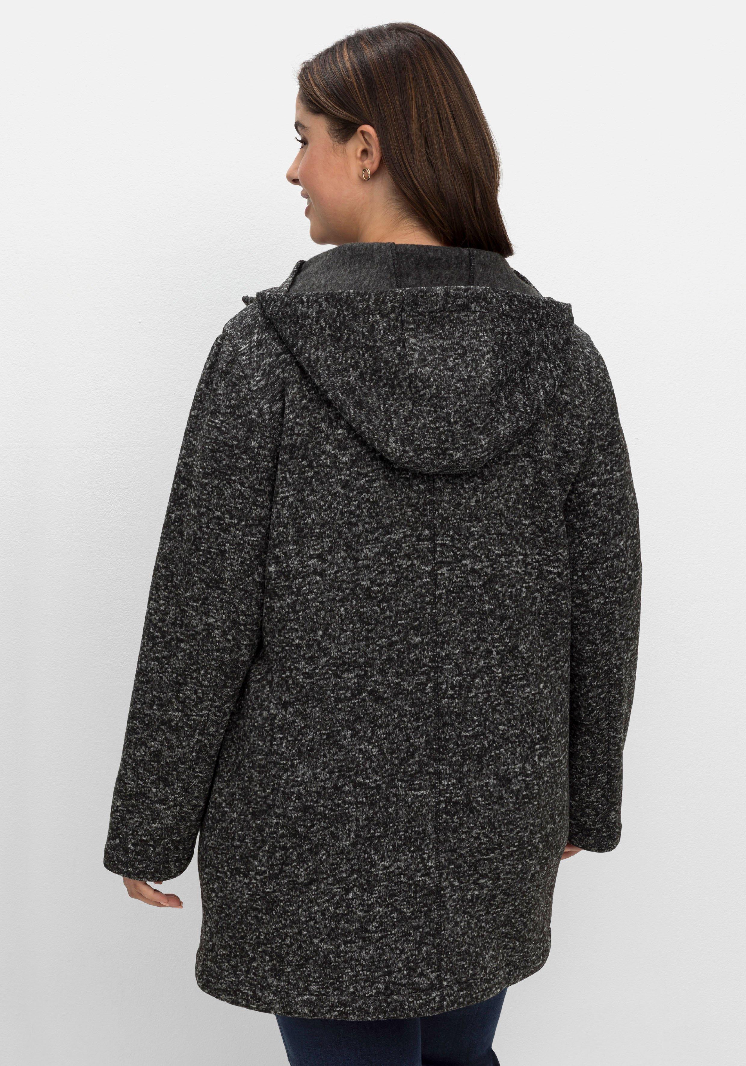 Lange melierte Strickfleecejacke mit Kapuze