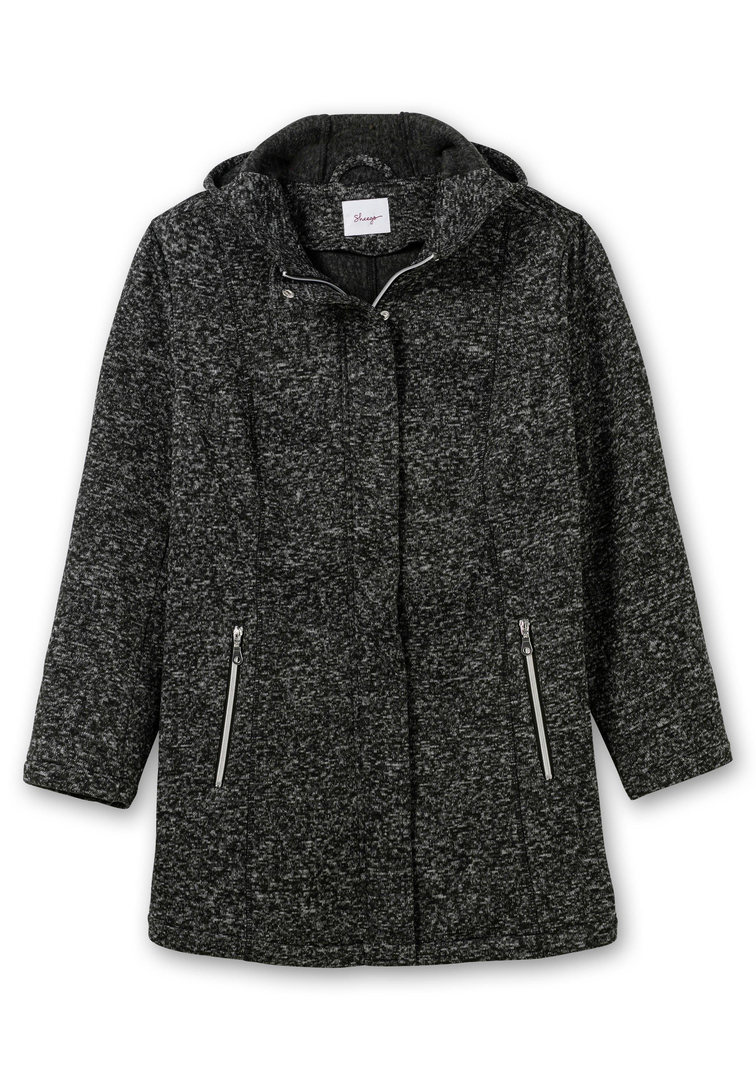 Lange melierte Strickfleecejacke mit Kapuze