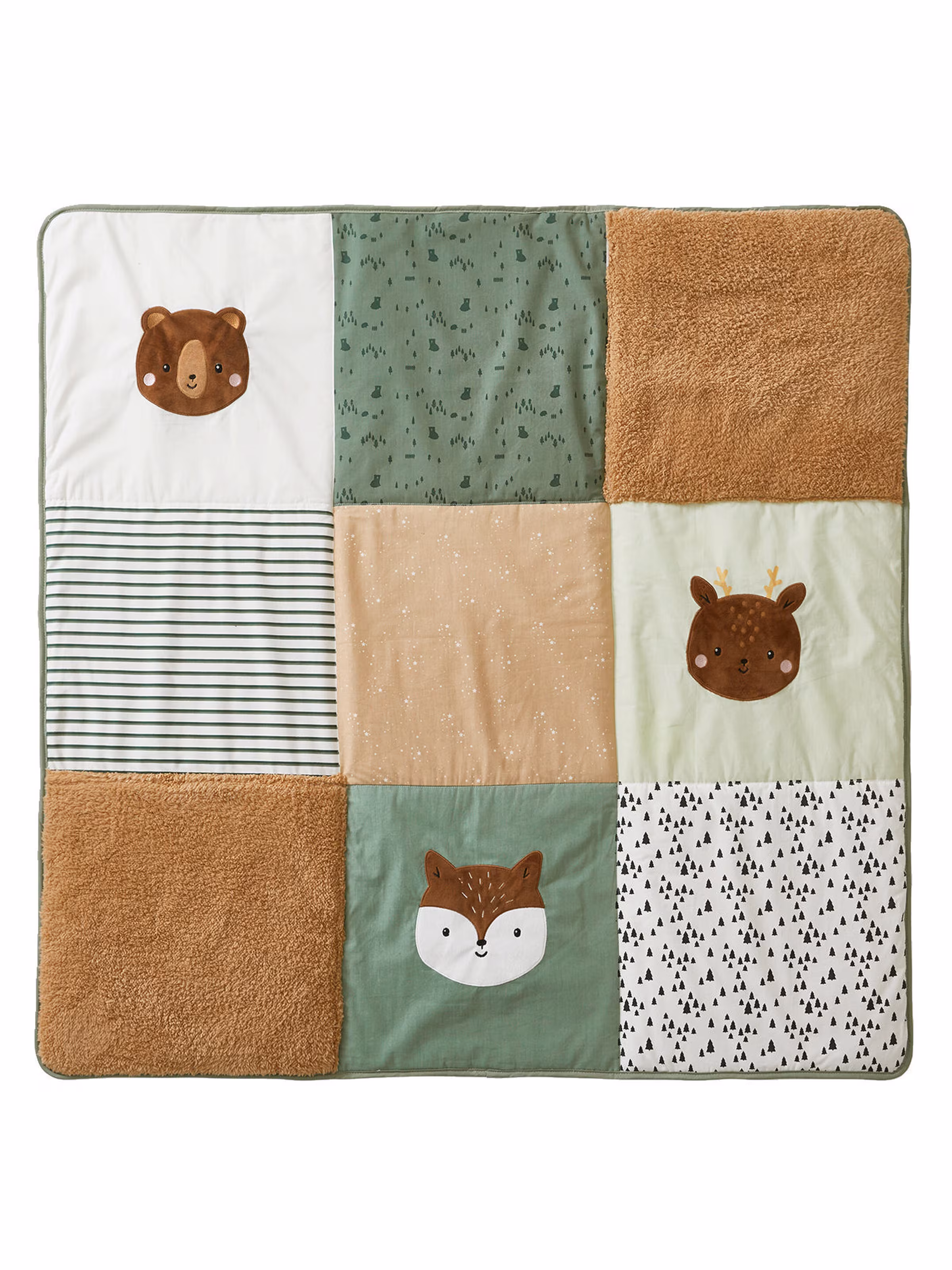 Vertbaudet Baby Spieldecke/ Laufstalleinlage GRÜNER WALD, Patchwork-Design wollweiß/mehrfarbig