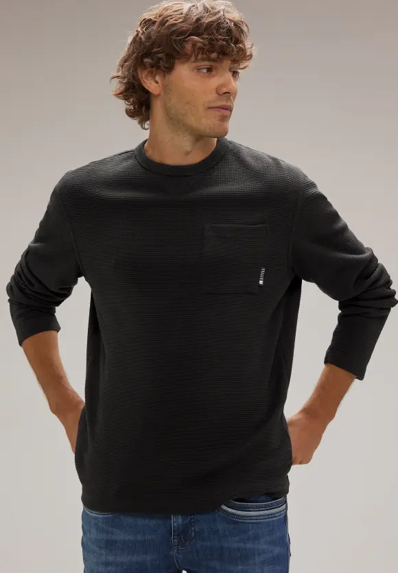 Waffelstruktur Langarmshirt - Black