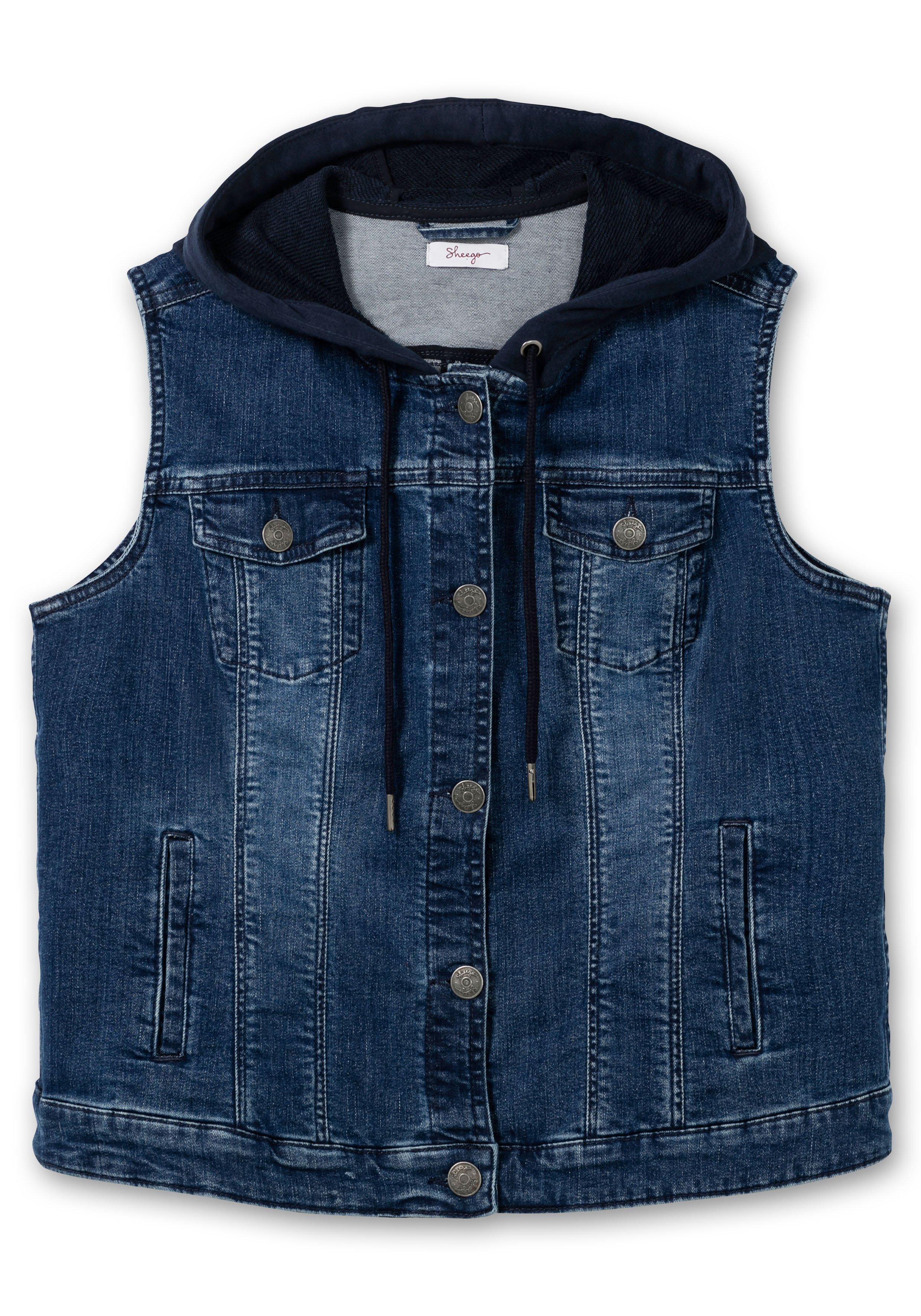 Kurze Jeansweste mit Sweatkapuze, in taillierter Form