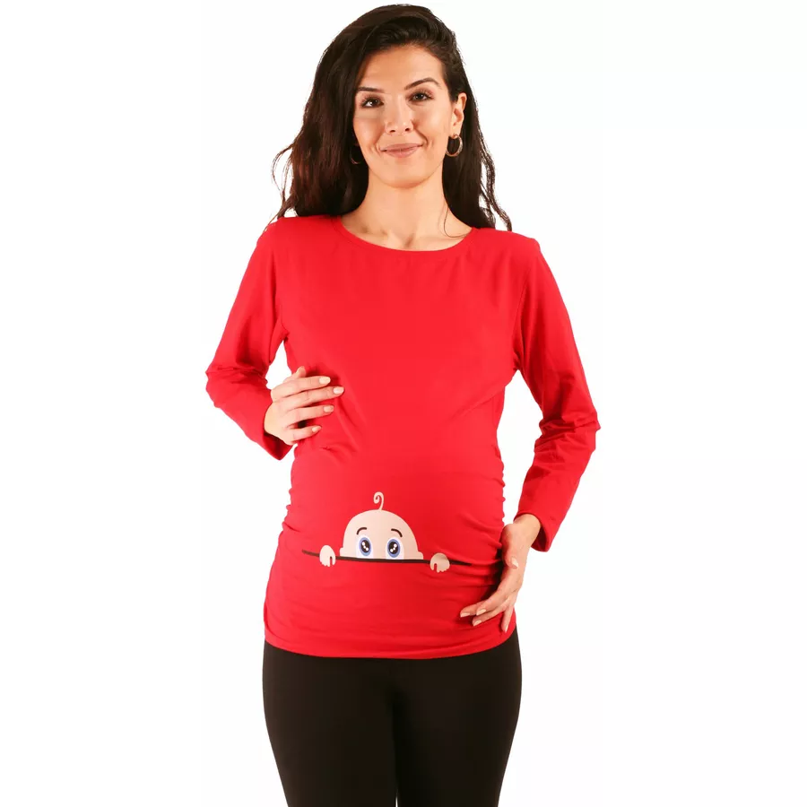 M.M.C. Umstandslangarmshirt Neugieriges Baby mit Motiv Rot
