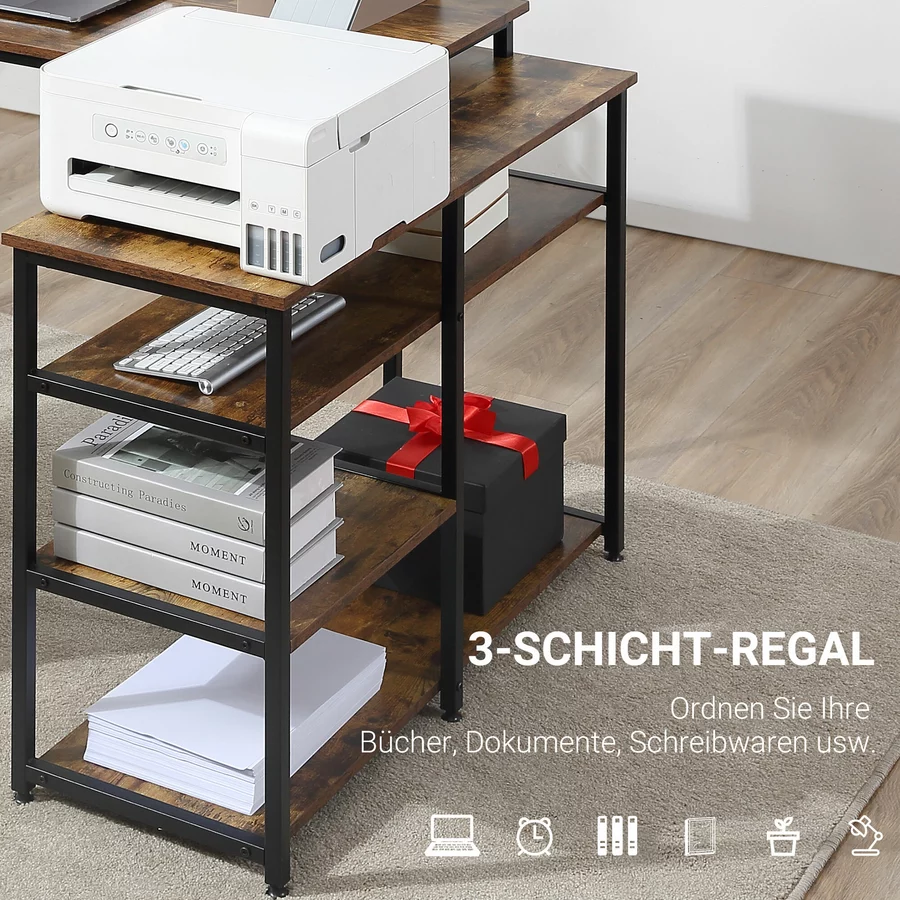 HOMCOM Schreibtisch Platzsparend, L-Form, Langlebig Braun, Schwarz