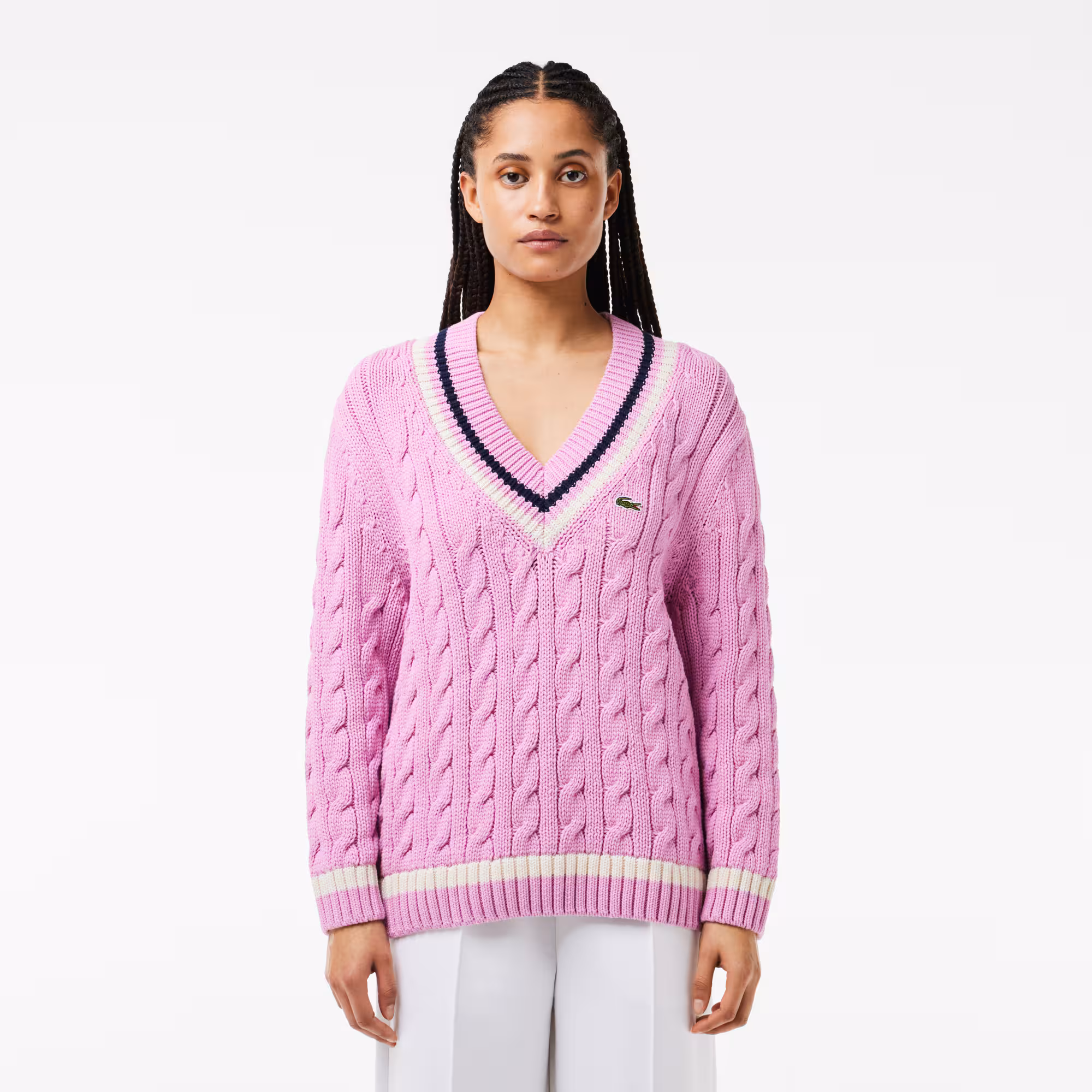 Pullover mit V-Ausschnitt im Zopfmuster mit Kontrast-Akzenten Pullover - Rosa - Lacoste - Damen