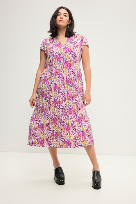 Midikleid, A-Line, Colorprint, Rundhals, Cup-Ärmel
