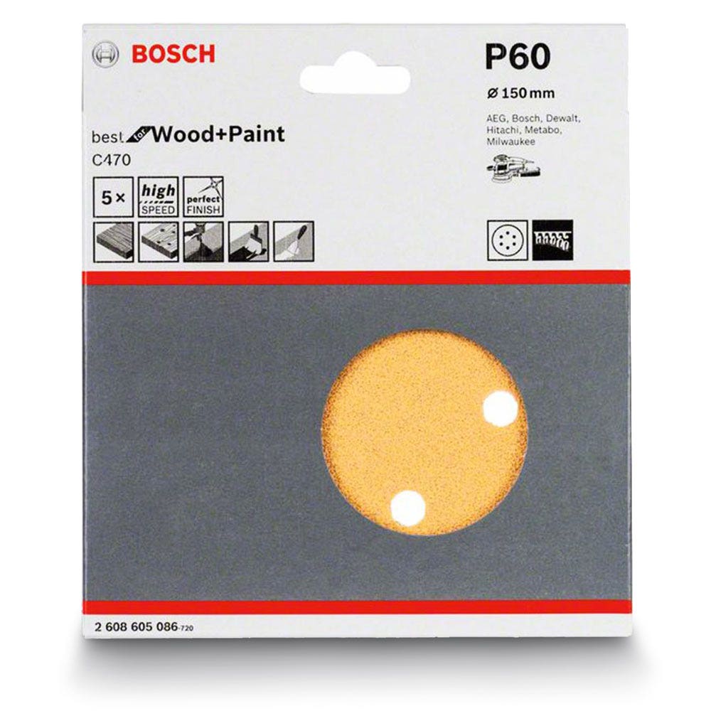 BOSCH 150mm 60-Grit 6-Hole Hook & Loop Sanding Disc for Wood & Paint - C470 - 5 Piece