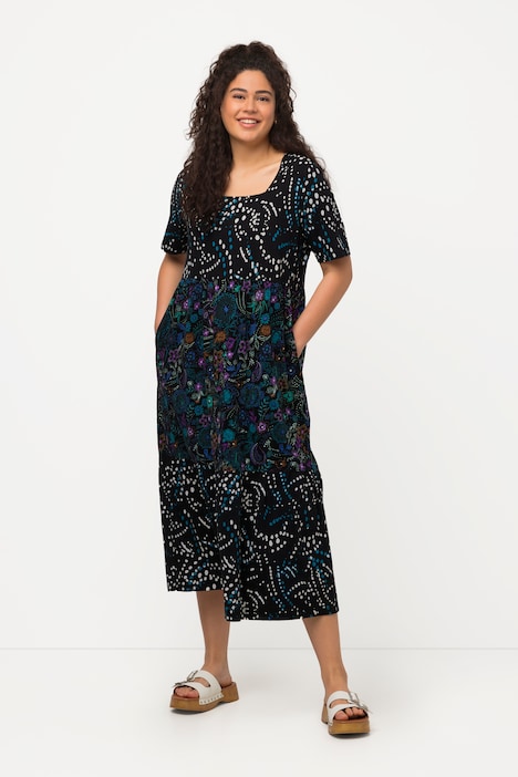 Midikleid, Patchlook, A-Linie, Carree-Ausschnitt, Halbarm