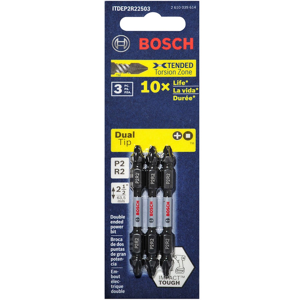 BOSCH P2R2 x 65mm Phillips/Robertson Double-Ended Power Screwdriver Bit - IMPACT TOUGH - 3 Piece