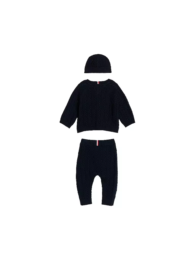 TOMMY HILFIGER Baby Set 3-tlg Strickjacke, Mütze und Strickhose dunkelblau