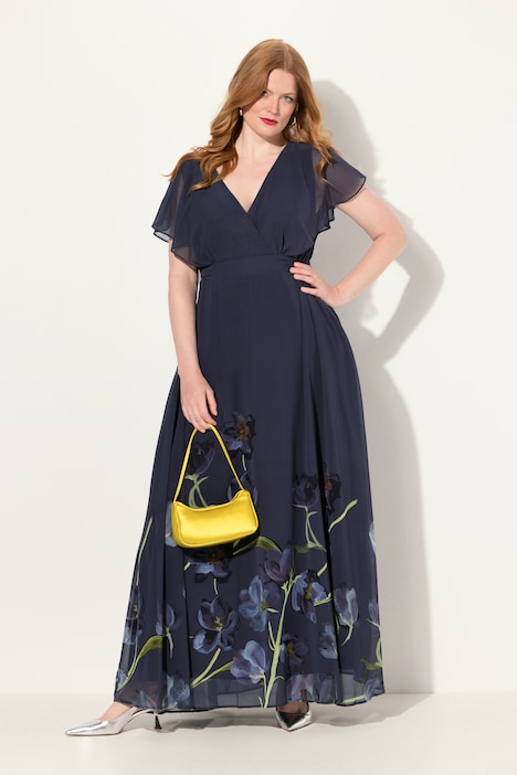 Abendkleid, Blüten, A-Linie, V-Ausschnitt, Halbarm