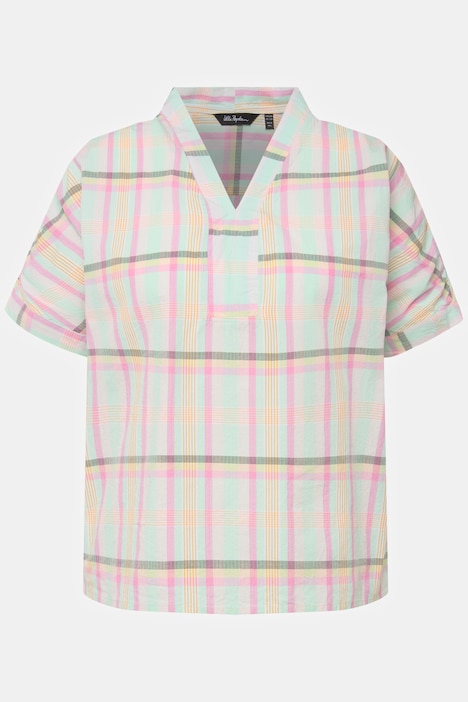 Bluse, Karomuster, Oversized, V-Ausschnitt, Halbarm