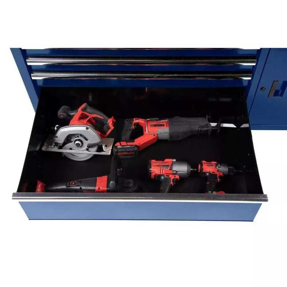 56 inches. W 5 Drawer 1 Door Deep Tool Box Mobile Workbench, Bright Blue, Hardwood Top