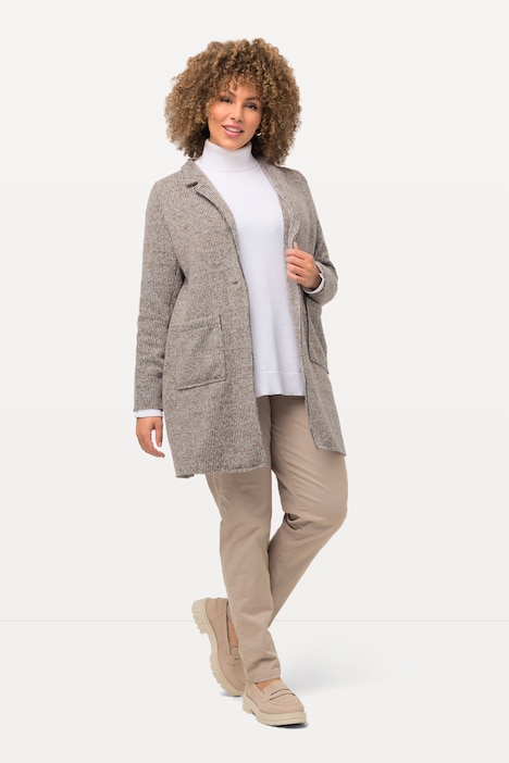 Strickjacke, melierter Strukturstrick, A-Linie, Revers