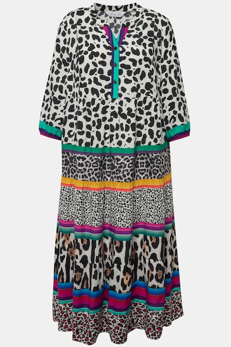 Maxikleid, Leostreifen, Tunika-Ausschnitt, 3/4-Ärmel