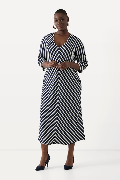 Midikleid, Streifen, A-Linie, V-Ausschnitt, 3/4-Arm