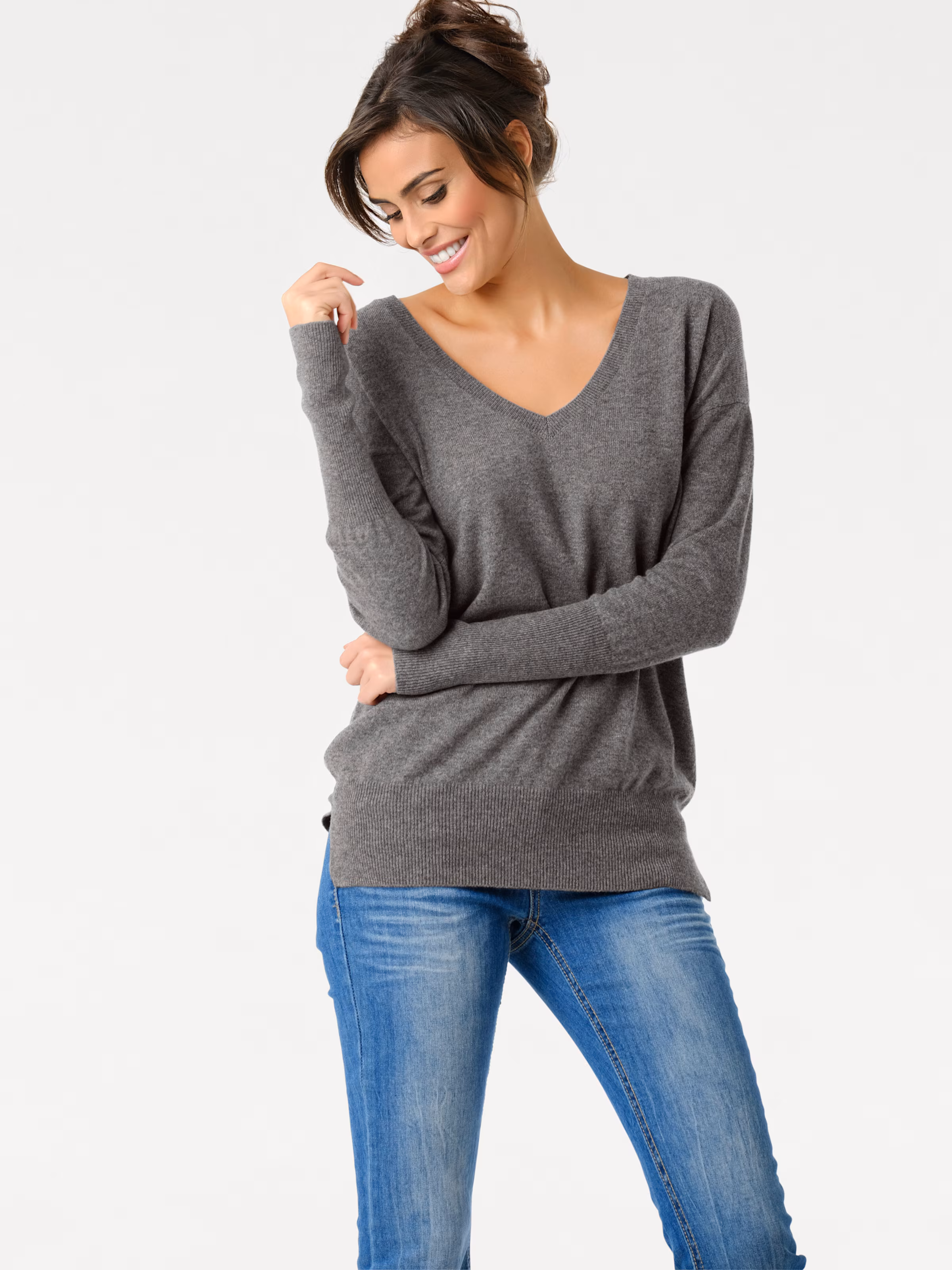 heine V-Pullover in grau-melange