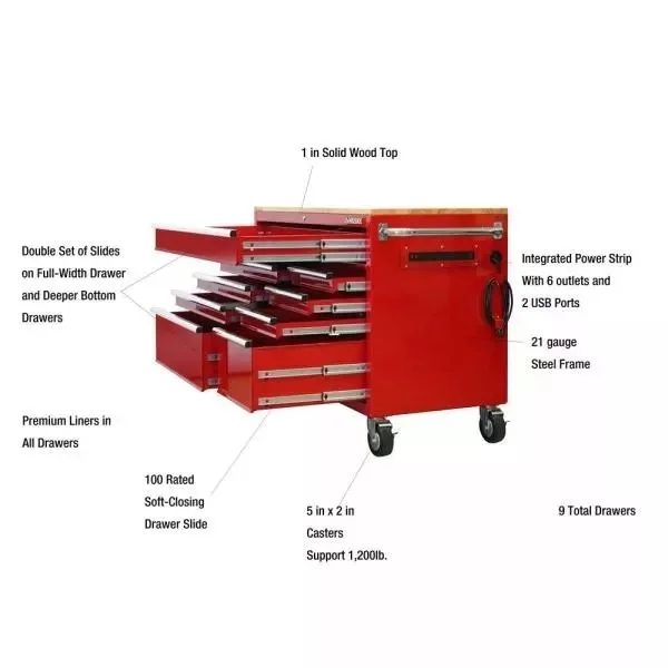 52 inches. 24 inches wide. D 9 drawer bright red mobile workbench