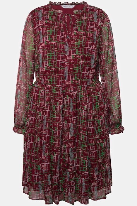 Minikleid, A-Line, grafischer Print, Rüschen-Ausschnitt, elastische Taille, Langarm