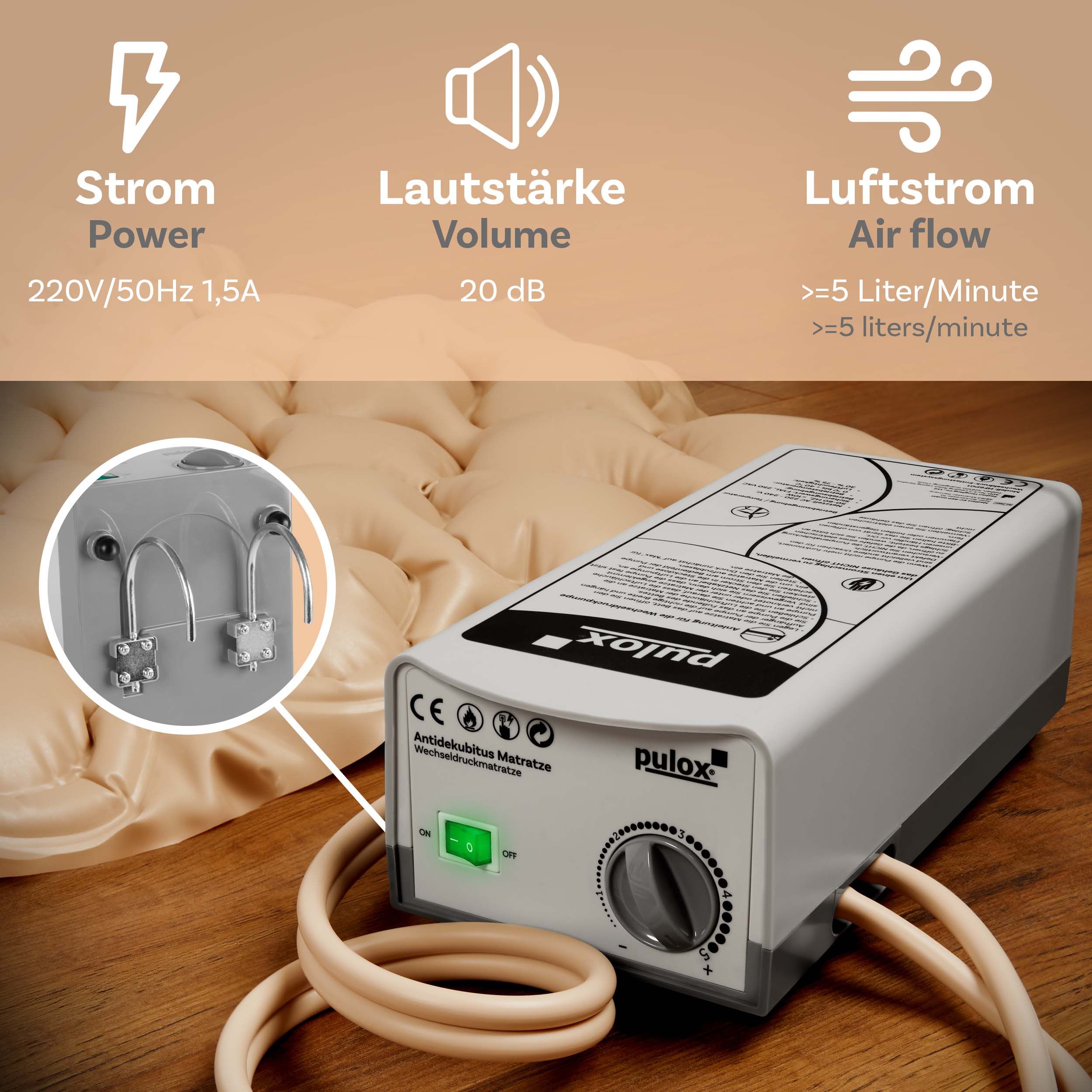 Pulox ADM-130 - Antidekubitusmatratze mit Pumpe - Wechseldruckauflage - bis 130 kg - Beige