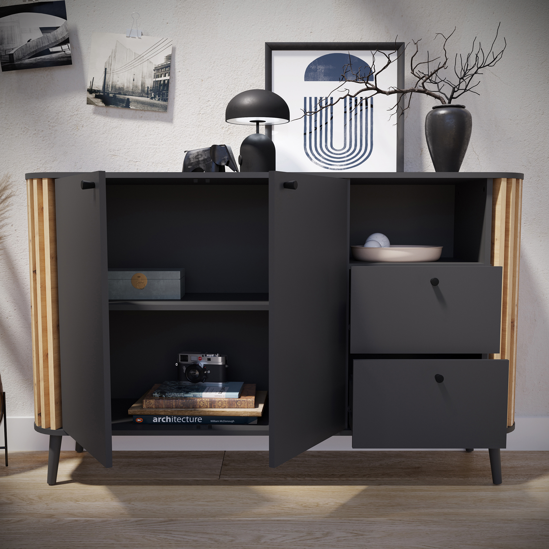 Sideboard PURE - grau - Artisan Eiche - 138 cm breit