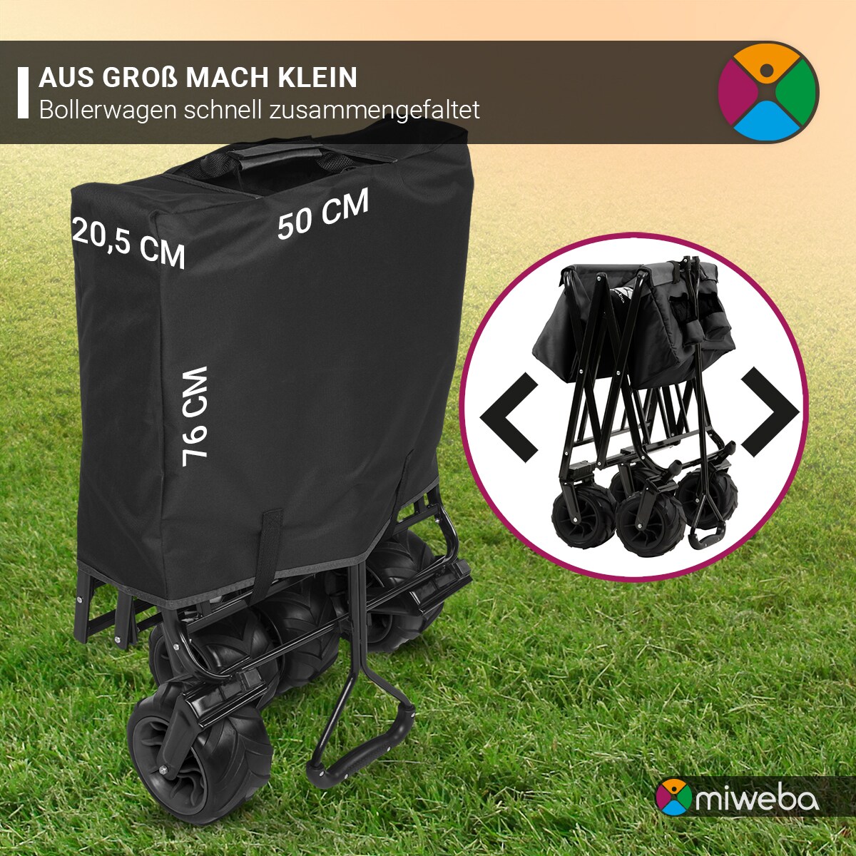 Miweba Bollerwagen MB-30, breite Reifen, faltbarer Bollerwagen mit Außentaschen, bis 120kg belastbar (Hellgrau/Dunkelgrau)