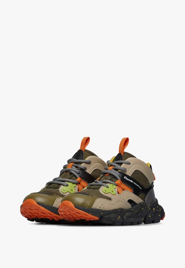 YAMANO 3 HIGH JUNIOR.Hohe Sneakers aus Kunstleder und technischem Gewebe, Militärgrün-Grau