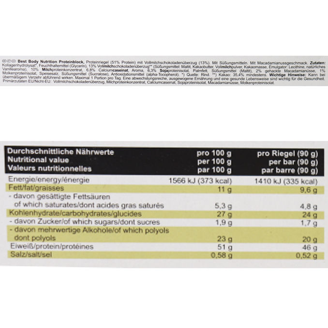 Protein Block Macadamia Nuss, 15er Pack, 15 x 90g von Best Body Nutrition