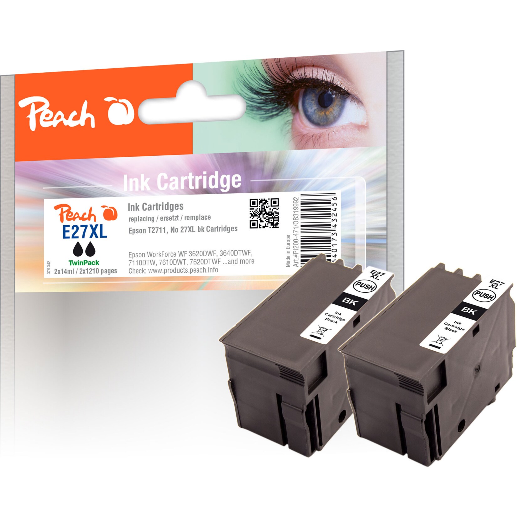 Peach E272 Druckerpatronen XL 2*bk ersetzt Epson T2711*2, No. 27XL bk*2, C13T27114010*2 für z.B. Epson WorkForce WF -3600, Epson WorkForce WF -7600