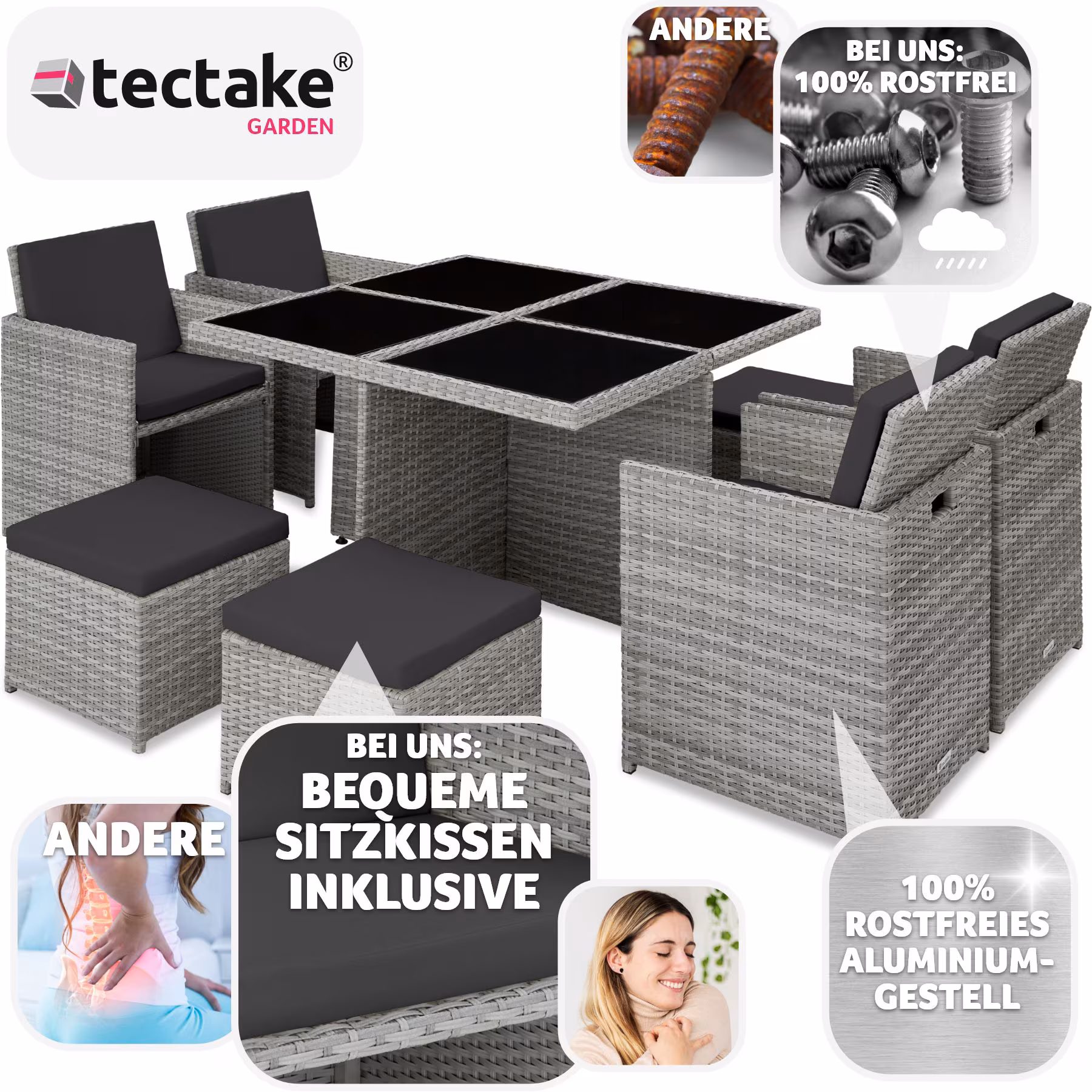 tectake® Rattan Sitzgruppe, mit Aluminiumgestell, wetterfest und UV-beständig, 2 Bezugssets, zusammenschiebbar, inklusive Schutzhülle