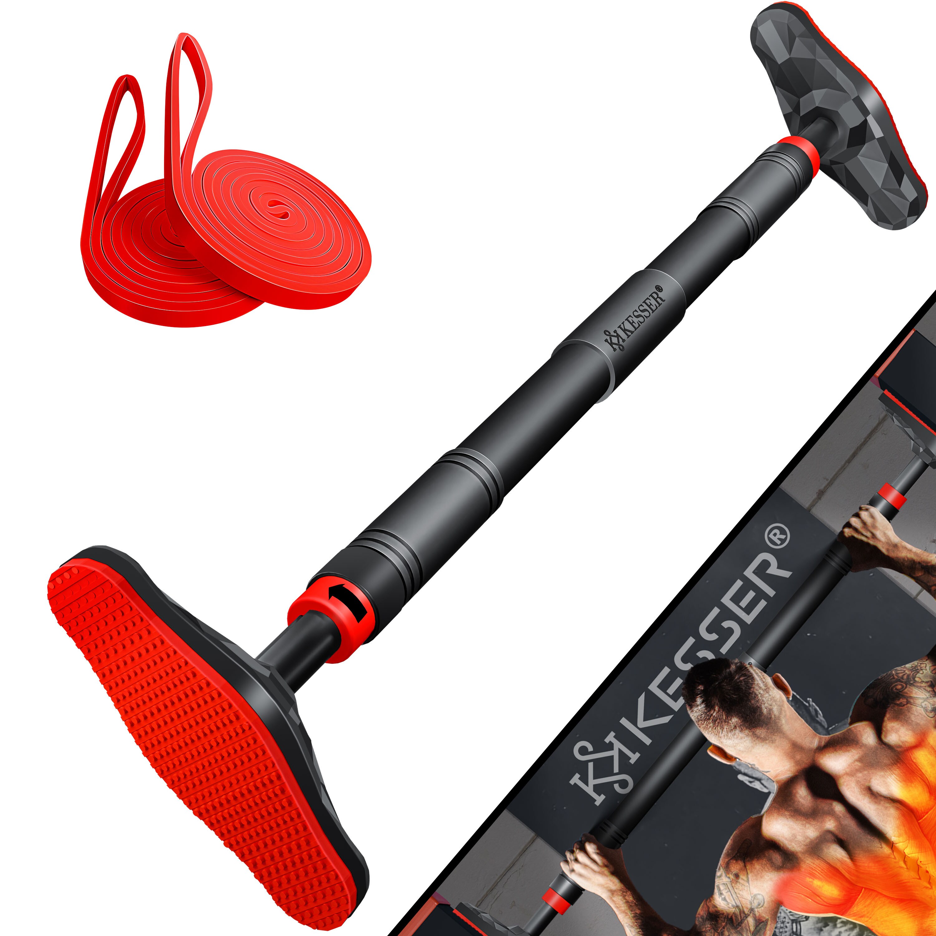 KESSER® Klimmzugstange Türrahmen verstellbar, Pull Up Bar Heimturnhalle, Reckstange ohne Schrauben/Bohren, 68-106 cm Ausziehbar, Tragfähigkeit bis zu 300Kg & rutschfeste Griffe, inkl. Resistenzbänder