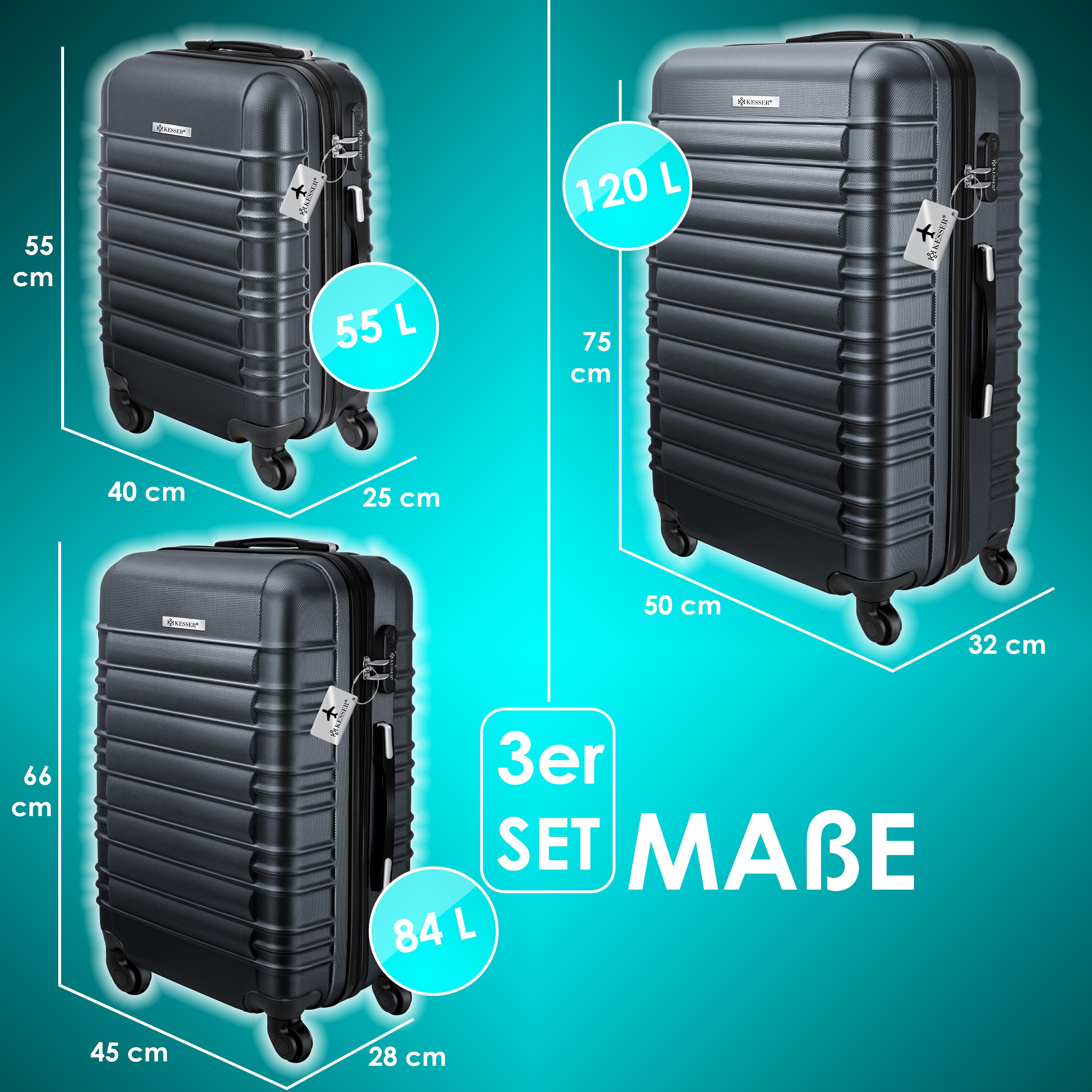 KESSER® 3tlg. Hartschalenkofferset Hartschalenkoffer Reisekoffer Set Reisekofferset Trolley Koffer Inkl. Kofferwaage + Gepäckanhänger Rollkoffer Schloss 4 Rollen ABS-Hartschale Teleskopgriff M-L-XL
