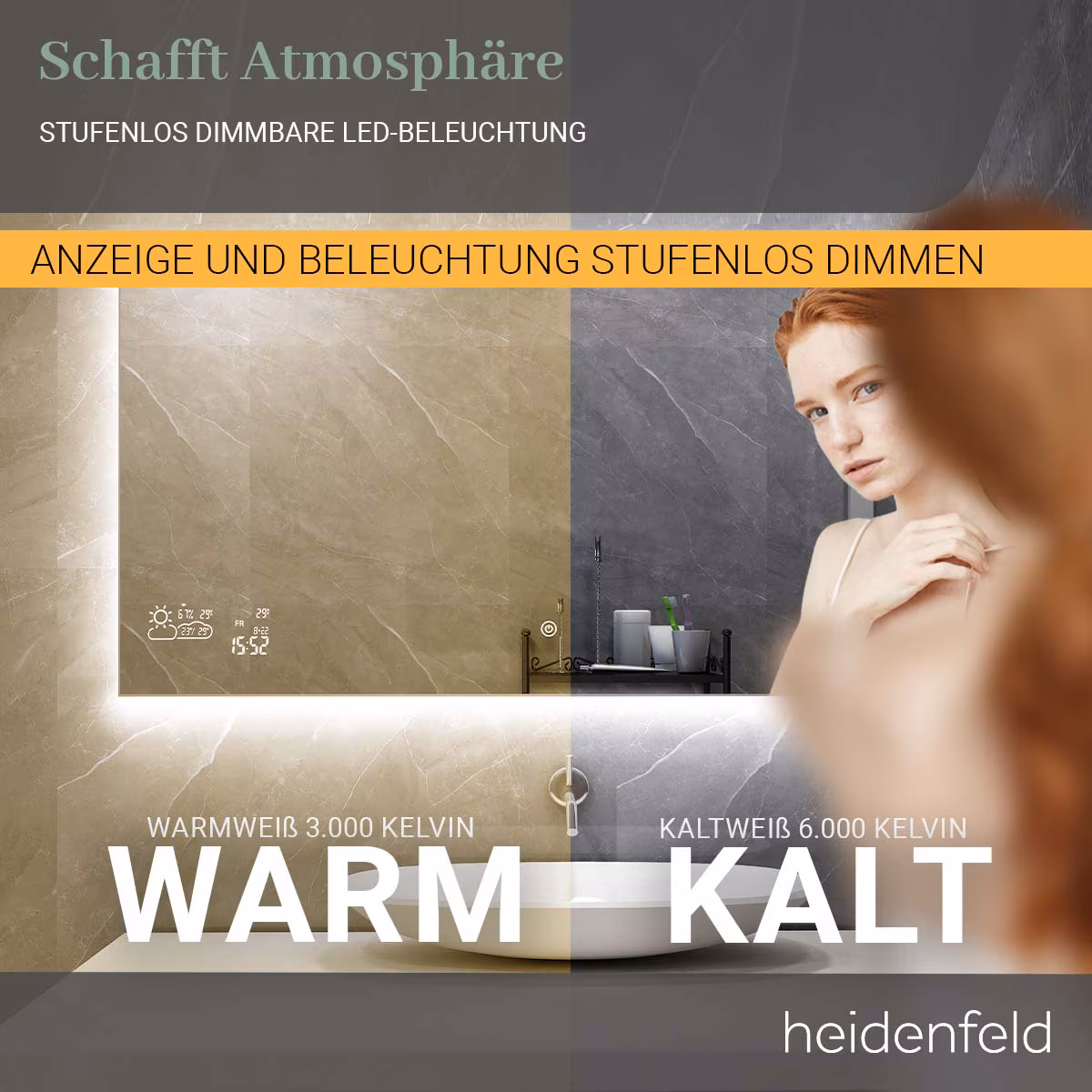Heidenfeld Infrarot-Spiegelheizung HF-HS200, Wetteranzeige, LED-Licht, 200-500 Watt, Anti-Beschlag (500 Watt)