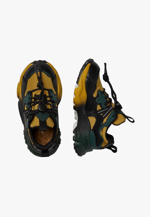 YAMANO 3 JUNIOR.Sneakers aus Kunstleder und technischem Gewebe, Schwarz-Kürbis