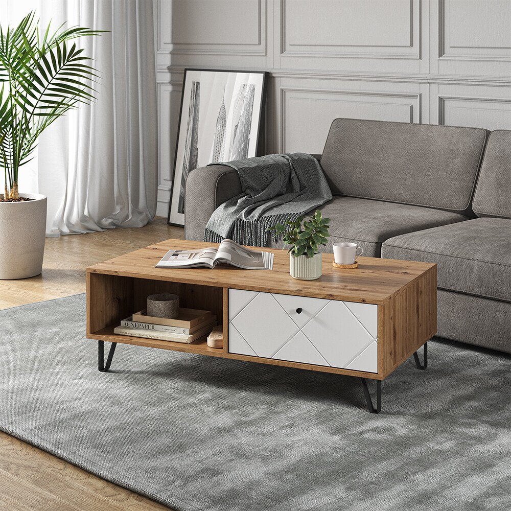 Vicco Couchtisch Nizza 110 x 37 cm, Artisan Weiß, moderner Tisch mit Ablagen