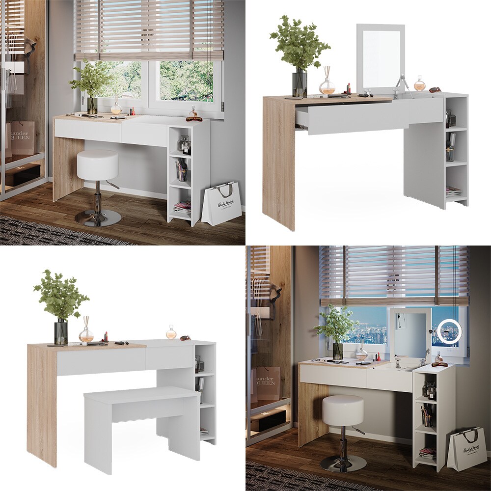 Vicco Schminktisch Kira, 129 x 76 cm, Weiß Sonoma, Frisiertisch, Spiegel, Hocker, modern